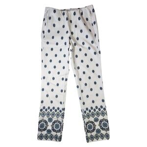 Jill Jill Essential Cotton Stretch Pants White Blue‎ Geometric  Print Size 6